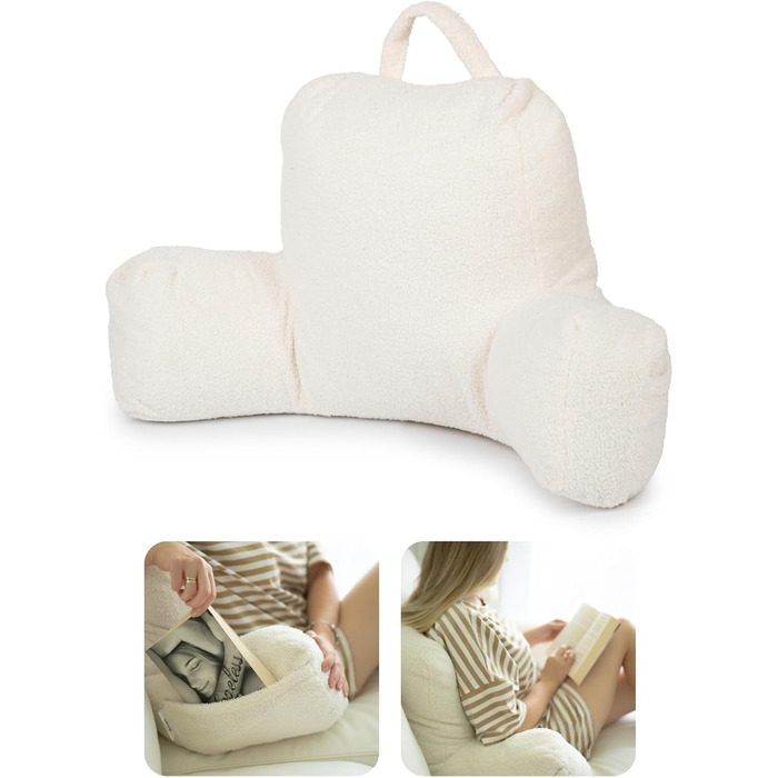 Подушка для спини з підлокітниками Flumi для читання, перегляду телевізора та відпочинку. Зручна подушка для ліжка та дивана з знімним чохлом, м'яка піна, з ручкою (Бежевий Boucle)