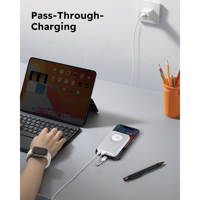 Зарядка, LED дисплей, білий, 20W PD, 10000mAh, USB-C, Apple Watch