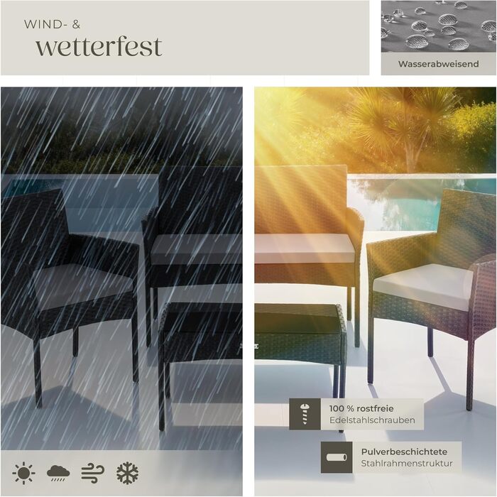 Набір садово-розплідницьких меблів tectake® з ротангу: банкетка, 2 крісла, столик, подушки, чорний колір. Меблі для балкона, тераси, саду.