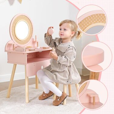 Дитячий туалетний столик OOOK для дівчаток з дзеркалом та табуретом, рожевий, з дерева