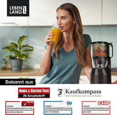 Електричний соковитискач LEBENLANG Slow Juicer з рецептами та великим соковидом 135 мм | Для фруктів, овочів, без BPA | Saftpresse | Green Press