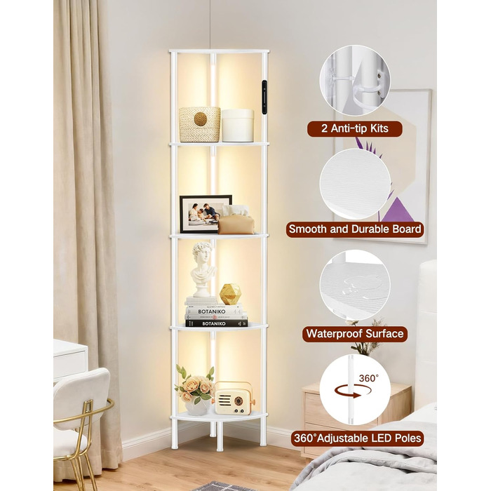 LED торшер з полицею, 3 режими світла, димування (сенсор/пульт), кутова полиця 5-рівнів, вузький книжковий стелаж для вітальні, спальні, офісу (білий)