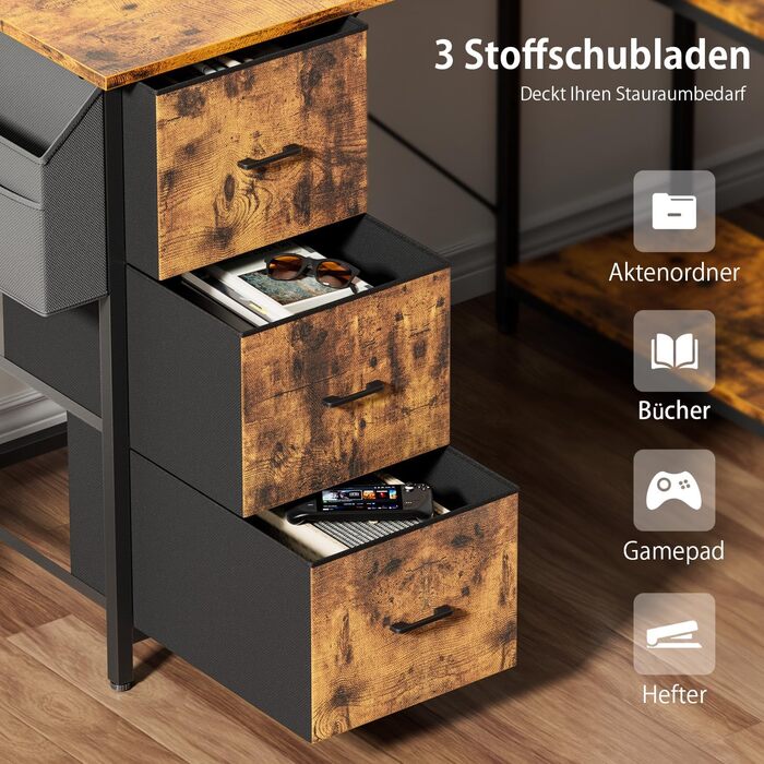 Комп'ютерний стіл HLONONE L-подібний з 3 висувними ящиками для тканини, з полицями та бічною кишенею, для офісу, геймінгу та дому, білий (140 x 80 см, коричневий)