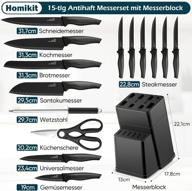 Набір ножів Homikit 15 предметів з підставкою: кухонні ножі з нержавіючої сталі, веточки, 6 ножів для стейків, чорний