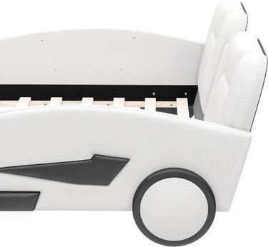 Дитяче ліжко-машина Merax Дитяче ліжко Модель автомобіля Ліжка, односпальне ліжко з рейковим каркасом і ліжком для зберігання, ігрове ліжко для маленьких гонщиків хлопчиків і дівчаток, PU поверхня, до 250 кг, білий (140 x 200 см, білий-1)