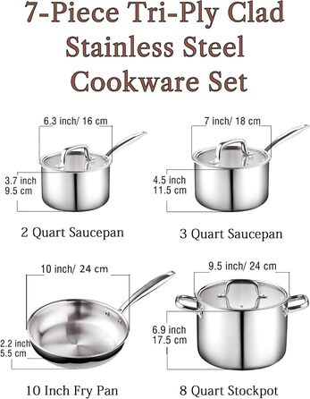Набір посуду Cook N Home 7-piece з нержавіючої сталі, 3-шаровий, з кришками з жароміцного скла, індукційний, придатний для миття в посудомийній машині, сріблястий
