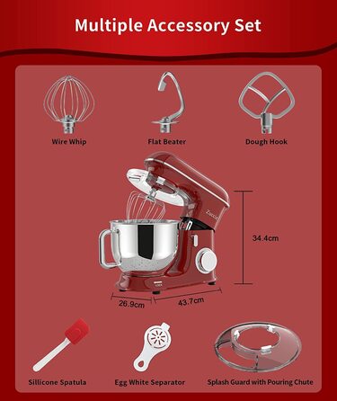 Кухонна машина Zuccie з тихою роботою, місткістю 5л, з нержавіючою сталевою чашею, 3 насадки, захист від бризок, скребок для тіста та роздільник яєць, 8+ швидкостей