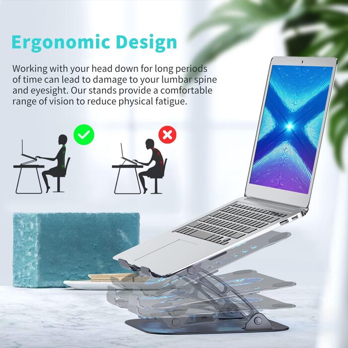 Підставка для ноутбука з RGB вентилятором, регульована висота, алюмінієвий сплав, 10-17'', сіра