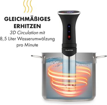 Klarstein Sous Vide Garer: Електричний су-від прилад, 1200W, 20-95°C, таймер, керування через додаток, сенсорний дисплей, 3D циркуляція, для посуду 10-15 літрів, нержавіюча сталь, чорний
