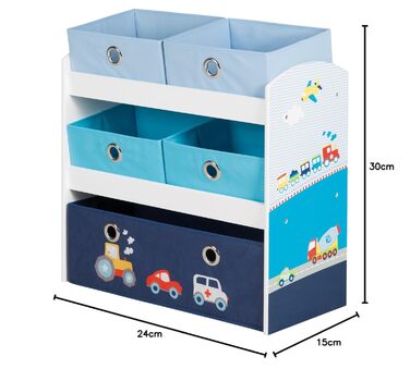 Поличка для іграшок Roba Rennfahrer - органайзер для дитячої кімнати з 5 ящиками з тканини, блакитний колір, з малюнком машинок, для хлопчиків та дівчаток, біле дерево