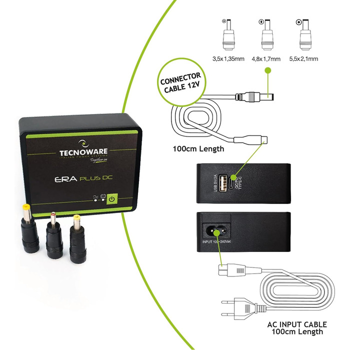 Mini UPS Tecnoware ERA Plus DC для WiFi, модему, відеоспостереження: Powerbank 5200mAh, захист від стрибків напруги та відключень (до 240 хв)