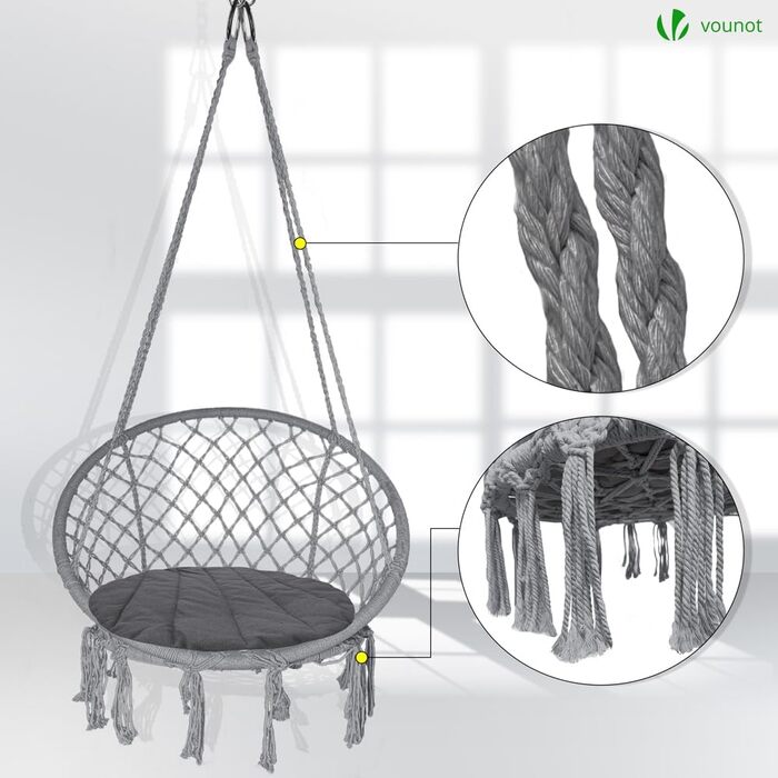 Підвісне крісло-гойдалка VOUNOT з полицею для книг та подушкою, для дому та саду, діаметр сидіння 80 см, X-Large, сірий колір