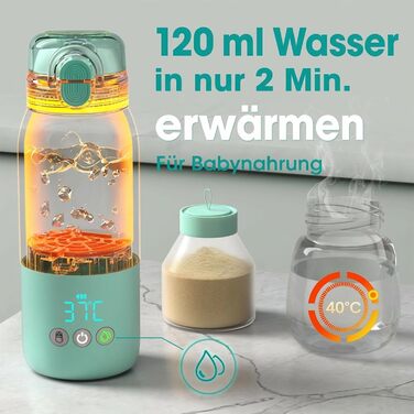 Портативний підігрівач пляшечок для дитини, швидкий нагрів, акумулятор 12000mAh, 2 режими нагріву (молоко/вода), об'єм 355мл, кришка з трубочкою