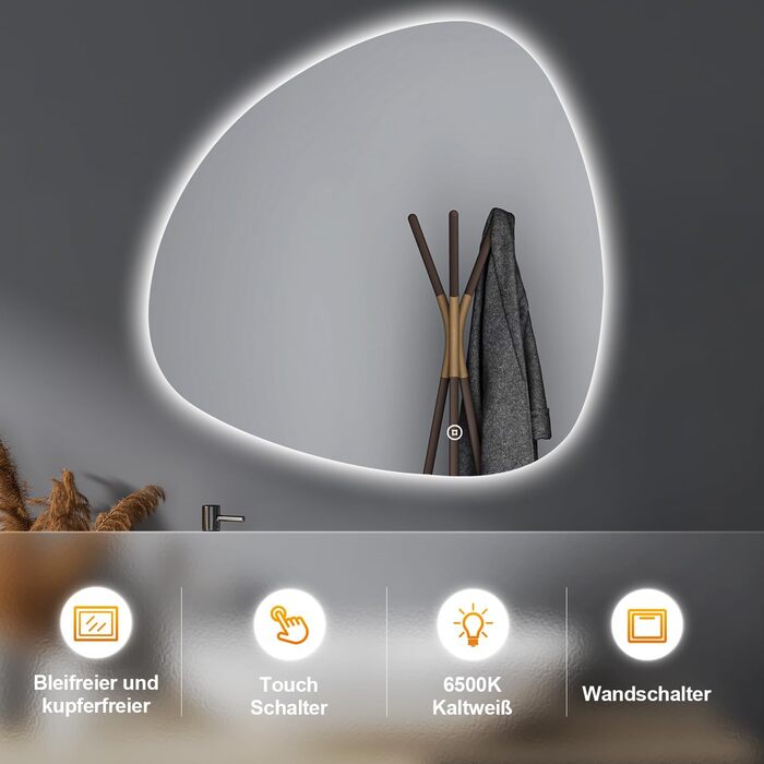 Дзеркало для ванної кімнати Badspiegel 70x50см з підсвічуванням 3 кольори, сенсорний вимикач, прямокутне, для ванної/вітальні, енергоклас A++