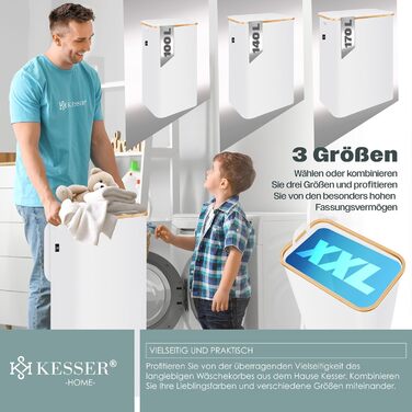 Кошик для білизни KESSER® з кришкою, 2 відділення, складний | Коробка для білизни, кошик, контейнер | 3 знімні мішки для білизни, сортер з інструкціями (140 л, білий)
