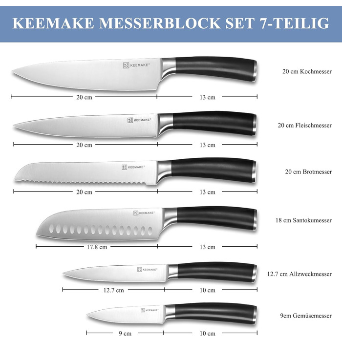 Набір кухонних ножів Keemake 7 предметів з дерев'яним блоком, професійний набір кухонних ножів з нержавіючої сталі, міцні та гострі