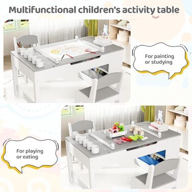 Дитячий стіл MAMIZO з 2 стільцями: дерев'яний стіл для ігор з місцем для зберігання, комплект меблів для дітей 3+ (сірий)