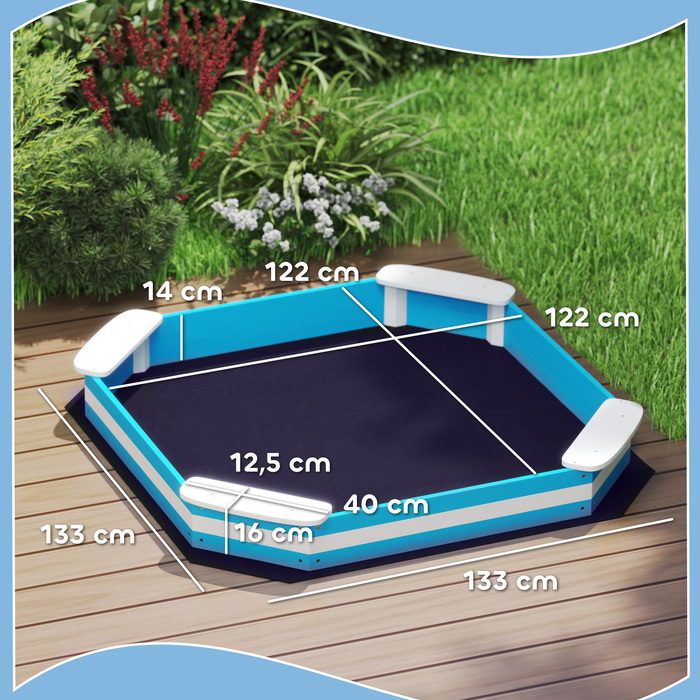 AIYAPLAY Sandpit 133 x 108 см Пісочниця Дерев'яна пісочниця з лавкою, захисна плівка для підлоги для 4 дітей 3-7 років Blue