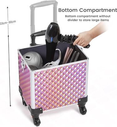 Косметичка-тролей Yaheetech 4-в-1, велика косметичка для макіяжу з замком, рожевий блискучий кейс для перукарів та візажистів з ящиком та колесами