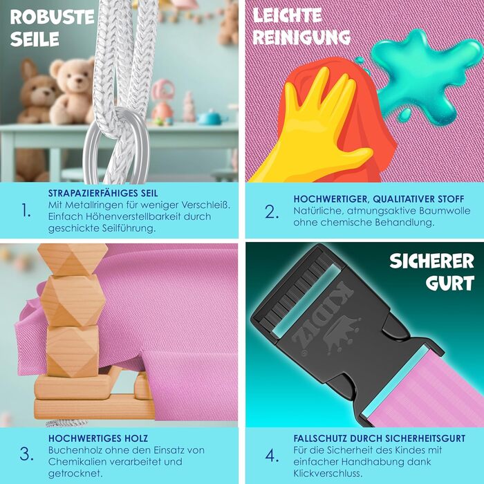 Дитяча гойдалка-колиска KIDIZ® для немовлят від 6 місяців та малюків до 3+ років (Рожева) - дерев'яна, з регулюванням висоти та м'яким сидінням для дому та вулиці