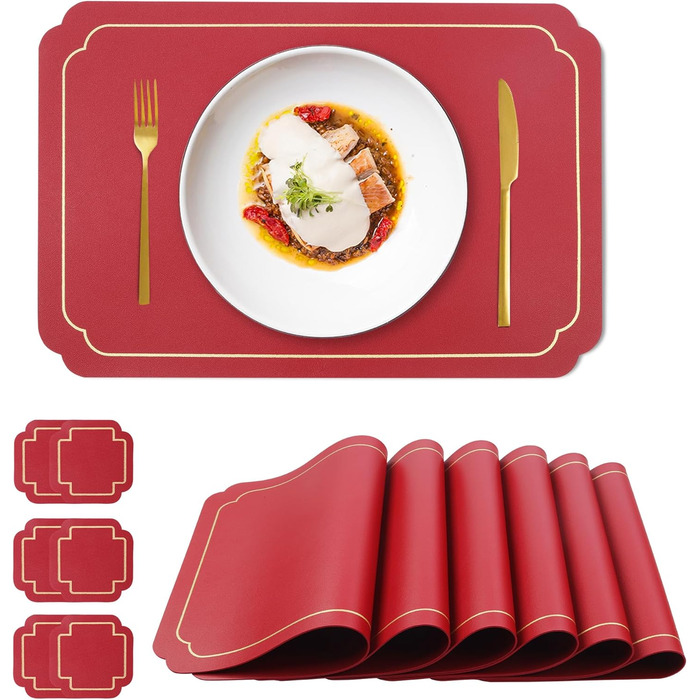 Набори підставки під тарілки Fanquare, 6 шт., зелені, прямокутні, з екошкіри, з золотим кантом. Стійкі до нагрівання, миючіся, антиковзаючі підставки для обіднього столу, весільної декоації. Розмір 45 * 30 см.