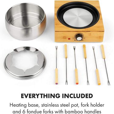 Фондю Klarstein Bambus 1.3л, 800 Вт, нержавіюча сталь, бамбукова база, 6 виделок