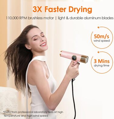 Фен для волосся Faszin з іонізацією, 110 000 RPM, LED-дисплей, 3 насадки, рожевий