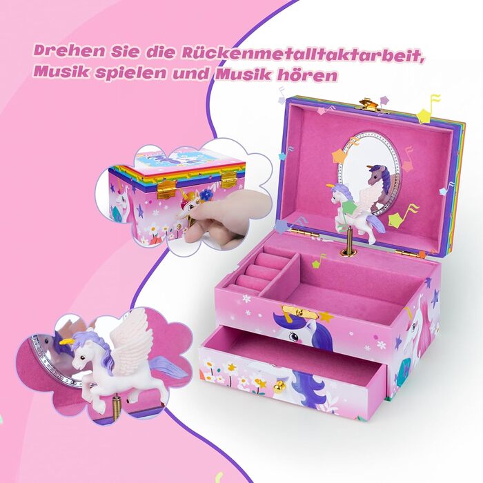 Шкатулка для дівчаток AdelDream (5 наборів) - музична, 2 відділення - подарунок для доньки та подруги (рожевий єдиноріг)