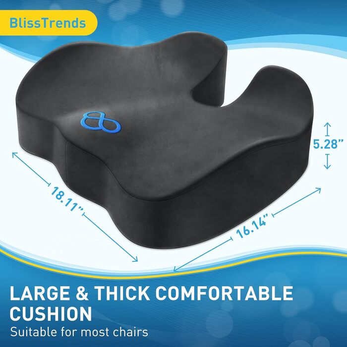 Подушка для сидіння BlissTrends з Memory Foam (13.2 см) - для офісного крісла, авто, літака. Зменшує біль у спині, куприку, ішіасу. Для тривалого сидіння.
