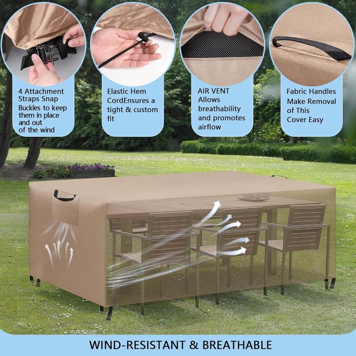 Водонепроникний чохол для садово-патіо меблів, 420D Oxford, захист від вітру та UV, міцний, для садових столів та груп, 180x120x74 (Хакі, 300x200x90cm)