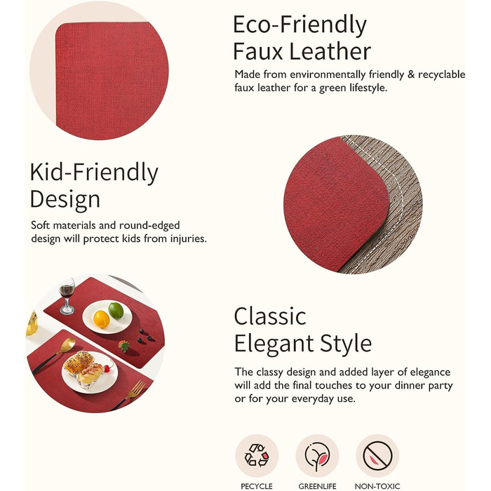 Набори підставки під тарілки Purejoy, 6 шт., сірі, миючіся, неслизькі, термостійкі, з PU шкіри, 43x30 см (червоні)