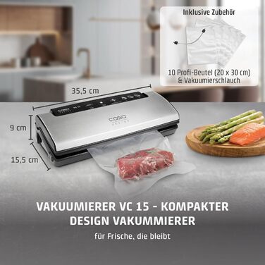 Вакууматор CASO VC15 для продуктів харчування з функцією герметизації та набором професійних пакетів