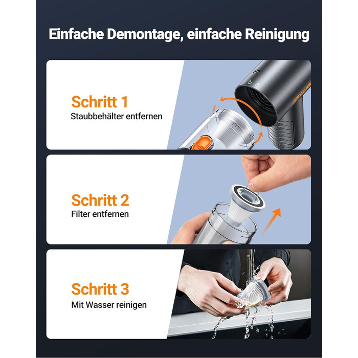 Акумуляторний ручний пилосмик SEALIGHT 32000Па, бездротовий автомобільний міні-пилосос 4-в-1 з безщітковим двигуном для шерсті тварин, авто та дому, темно-сірий матовий чорний