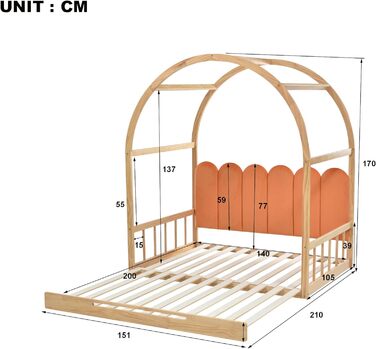 Дитяче ліжко Merax House, розсувне дерев'яне ліжко з рейковою основою, кушетка-розсувне ліжко, ліжко зі склепінчастим дахом, оксамитові подушки у формі огорожі, каркас із сосни, натуральний та помаранчевий, 140x100 / 200 см 140 x 200 см у формі натурально
