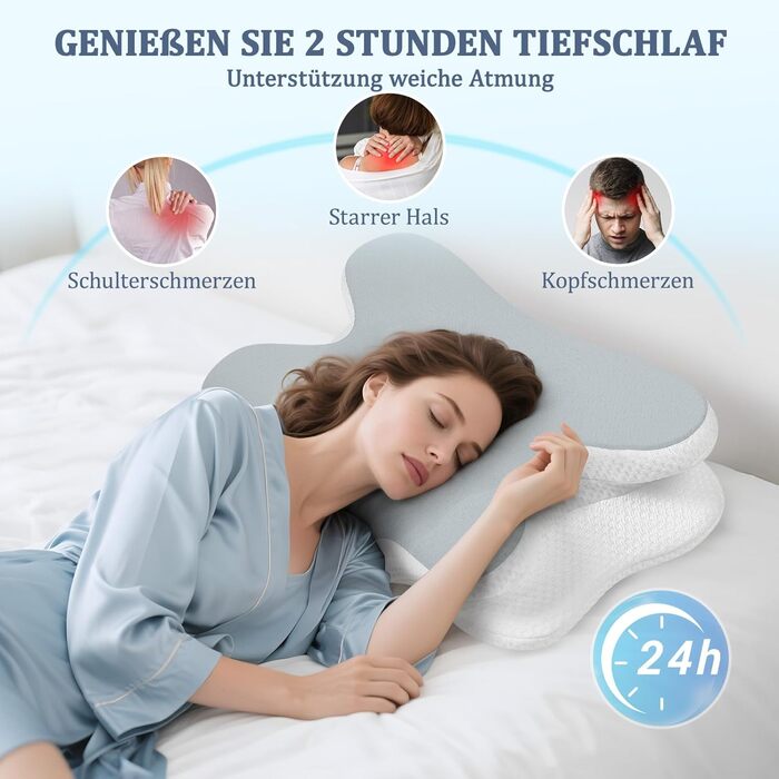 Ортопедична подушка для шиї з Memory Foam - для сну на боці, спині та животі з покриттям з льонової тканини (сіра)