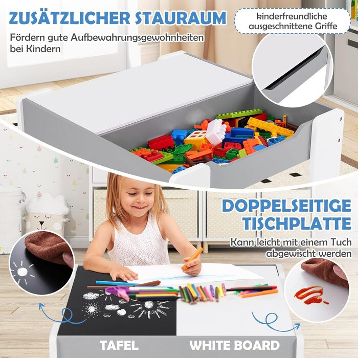 Дерев'яний дитячий стіл з 2 стільцями DREAMADE, 3-х частинний набір меблів для дітей, стіл з двосторонньою поверхнею та місцем для зберігання, набір меблів для хлопчиків та дівчаток (білий, світло-сірий)