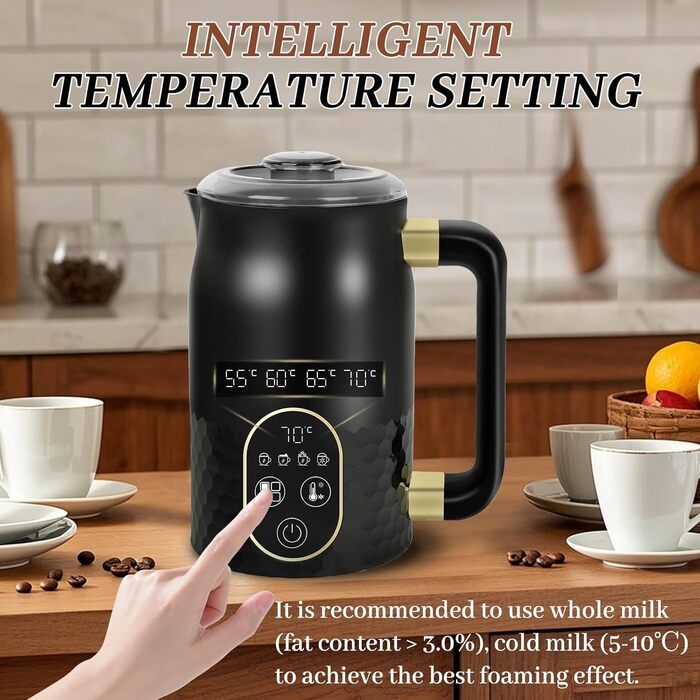 Електричний піноутворювач молока 4-в-1 з контролем температури. Підходить для капучино, лате та гарячого шоколаду. 2 насадки для різних типів пінки.