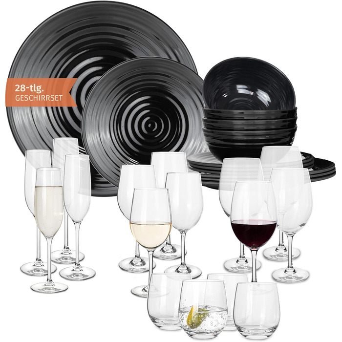 Набір посуду для кемпінгу Melamin 4 особи Stone + 4 чашки Stone (12 предметів + 16 склянок, чорний)