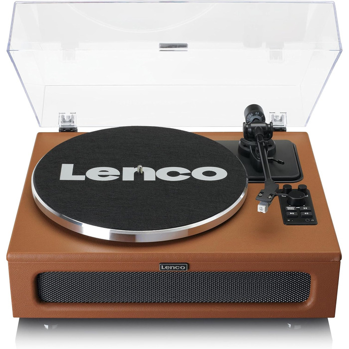 Програвач вінілу Lenco LS-430 з Bluetooth, вбудованими динаміками 40 Вт, ремінним приводом, регулюванням тону, попереднім підсилювачем, RCA і AUX входами, коричневий