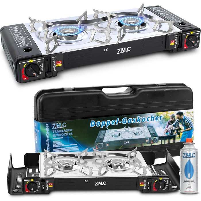 Газовий набір для кемпінгу ZMC 2-поверховий з адаптером для LPG + 4 балончики 227г + кейс, 2.5кВт, з Piezo-запалюванням, для відпочинку на природі та дому