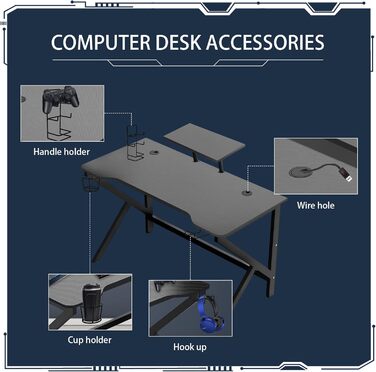 Ігровий стіл 100 x 55 см з карбону, ергономічний, зі шторками для навушників та тримачем для напоїв, чорний