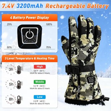 Електричні гріючі рукавички Ychee Camouflage, 7.4V, 22.2Wh, водонепроникні, двошарові, для кемпінгу (M)