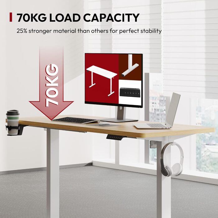 Регульований стіл Sanodesk з великою стільничною поверхнею, аксесуарами (підстаканник, гачки, органайзер, кабель-менеджмент), ергономічний для офісу та дому, шпон берези, 110x54 см, білий+шпон берези