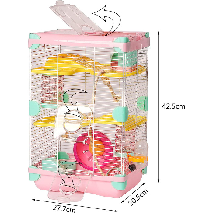 Клітка для хом'яка, Роборовскі, клітка для хом'яка, 27.7*20.5*42.5 см, 2 поверхи, з колесом, поїлка (рожева)