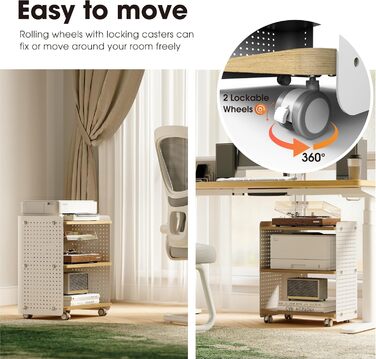 Стіл для принтера Fenge з колесами, мобільний тримач для принтера з перфорацією, 3 рівні, стійка для принтера/роликовий контейнер з органайзером, полиця, шафа для документів, для офісу та дому, 45,3x33,5x53,5 см (Дуб+Білий)