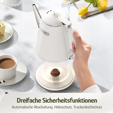 Електричний чайник Hazel Quinn, 1 л, ретро-дизайн, білий перламутровий, з нержавіючої сталі 304, 1360W, BPA-free, автоматичне відключення