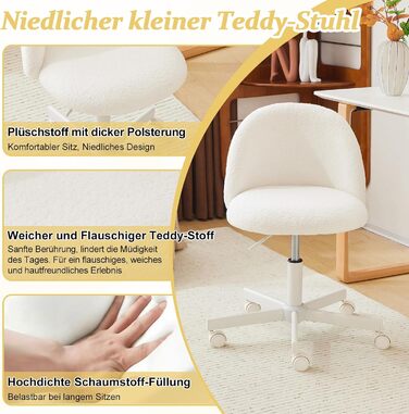 Офісне крісло Bonnlo з роликами, стілець для туалетного столика, регульований по висоті, для робочого кабінету, спальні, home office, з м'якої тканини Тедді, білий