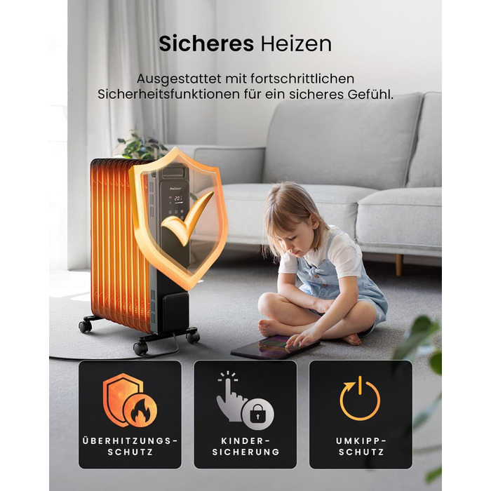 Електричний масляний радіатор Pro Breeze OmniWarm 2500W з 11 секціями, чорний - енергозберігаюча теплова панель з термостатом, таймером та захистом від перегріву