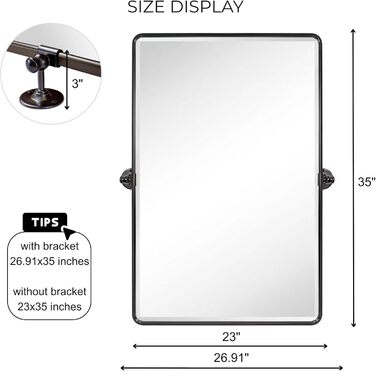 Дзеркало для ванної кімнати TEHOME 61x50.8 см, поворотне, матовий чорний, прямокутне, з металевим каркасом