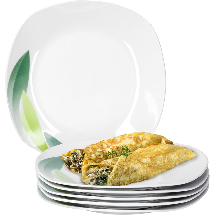 Ван Велл Набір з 6 обідніх тарілок Сієна 25,5 х 25,5 см велика обідня тарілка Сервірувальне блюдо до гарнірів меню Декор із зеленого листя вишукана порцеляна Гастрономія